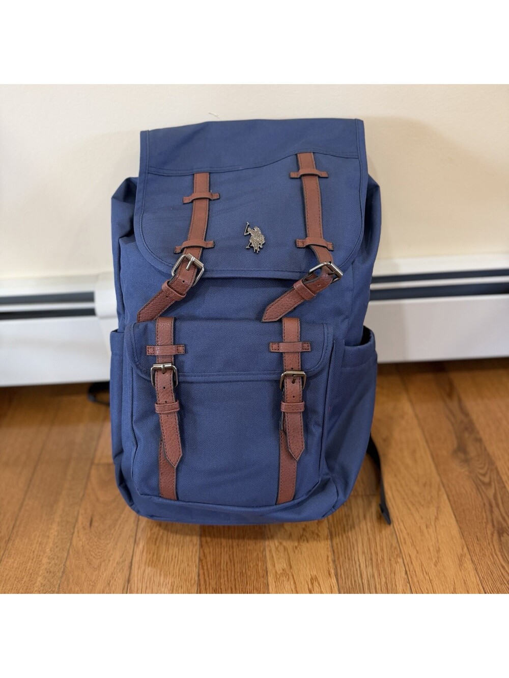 1 Size US Polo Assn Unisex Top Loader Flap Backpack Navy Blue Water Resistant